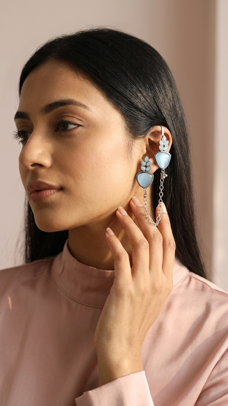 Sky Blue Stone Ear Cuff with Chain for Women | Statement Earrings