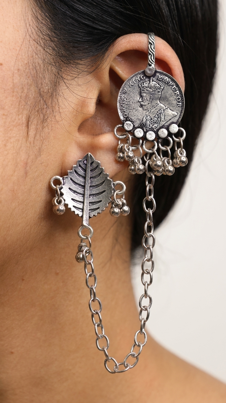 Oxidised Statement Ear Cuff with Chain for Women