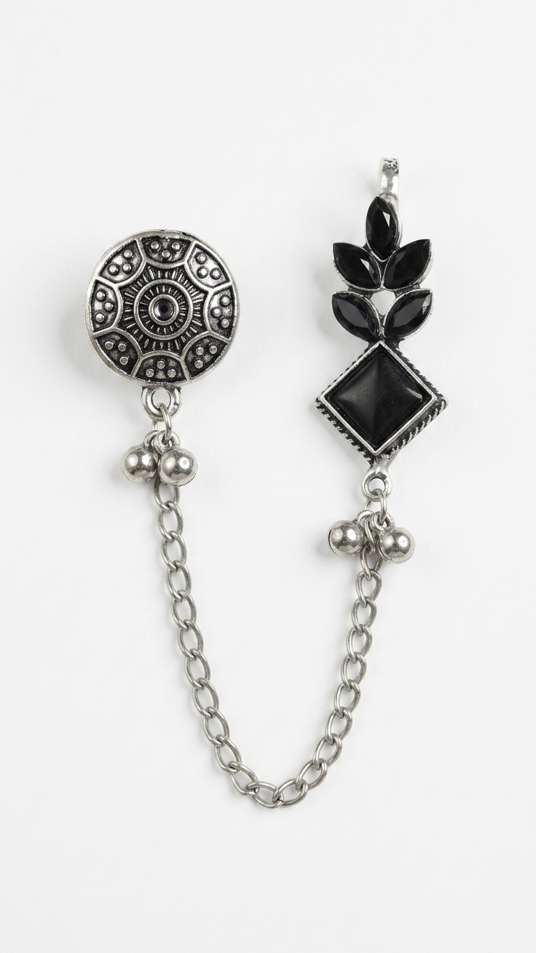 Black Stone Oxidised Ear Cuff with Chain for Women