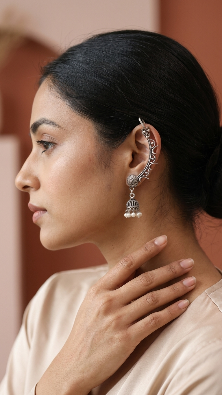 Oxidised Floral Ear Climber Cuff with Jhumka for Women