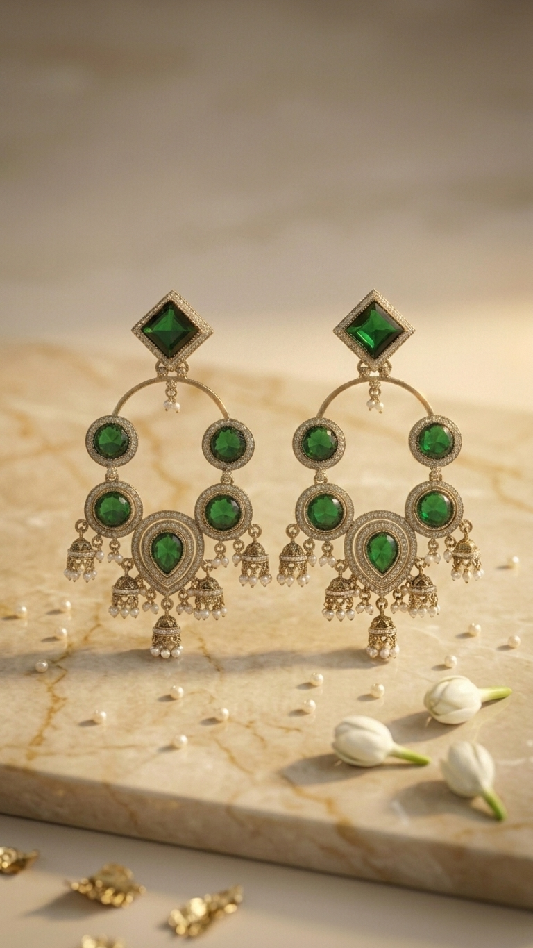 Emerald Green Mozonite Statement Chandbali Earrings for Women