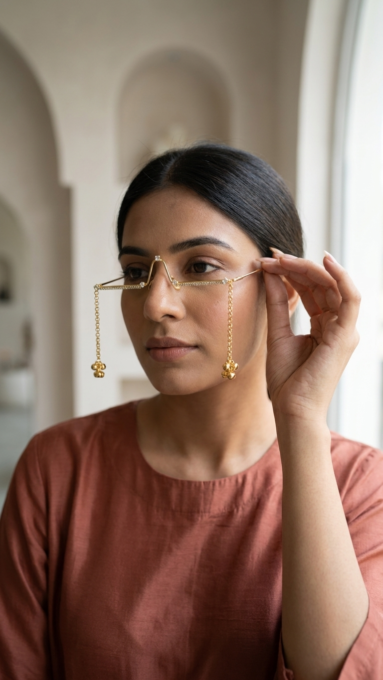 Gold Chain Dangle Facelet — Crystal Bar Face Jewellery with Charm Drops