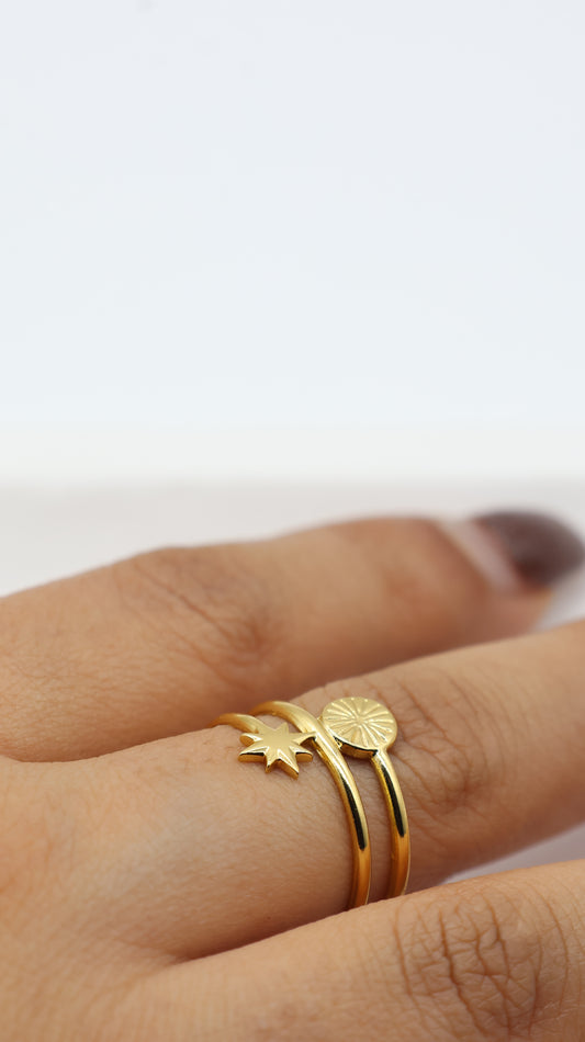 Gold Sun & Star Adjustable Ring for Women