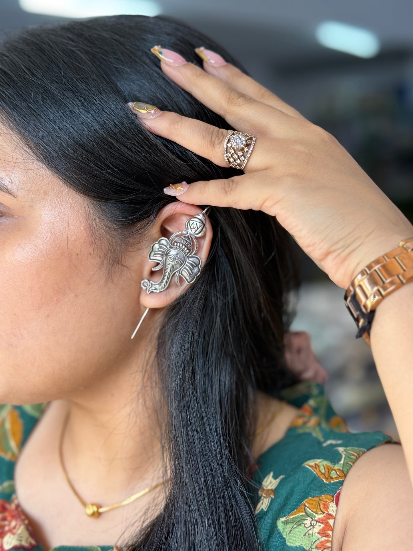 Oxidised Silver Lord Ganesh Thread  Ear Cuff Earring