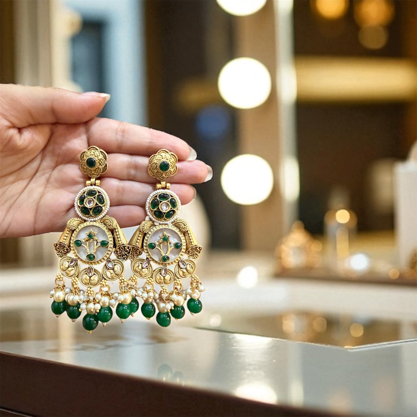 Emerald Rajwadi Pearl Chandbali Earrings