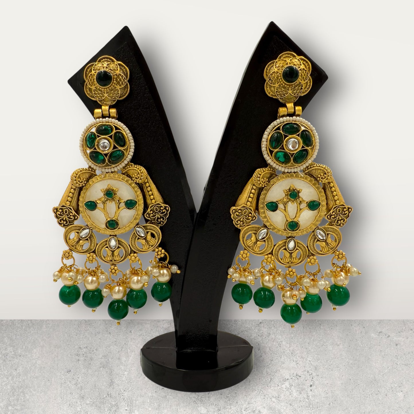 Emerald Rajwadi Pearl Chandbali Earrings