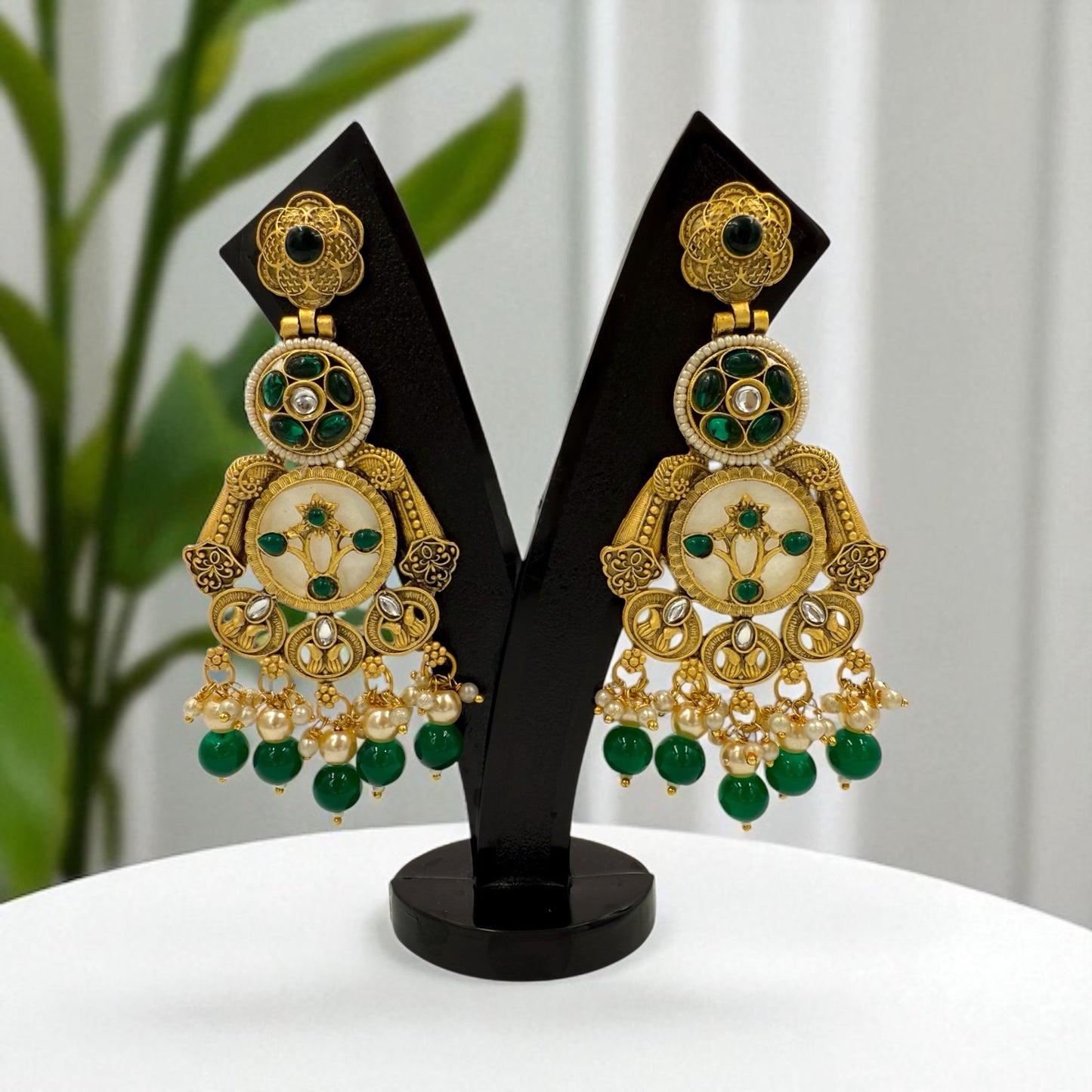 Emerald Rajwadi Pearl Chandbali Earrings