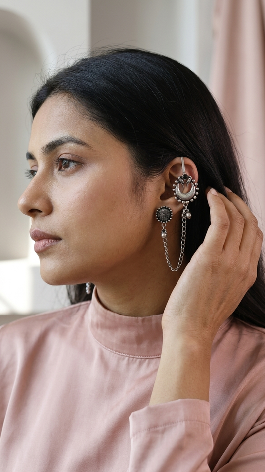 Oxidised Chandbali Ear Cuff with Chain for Women