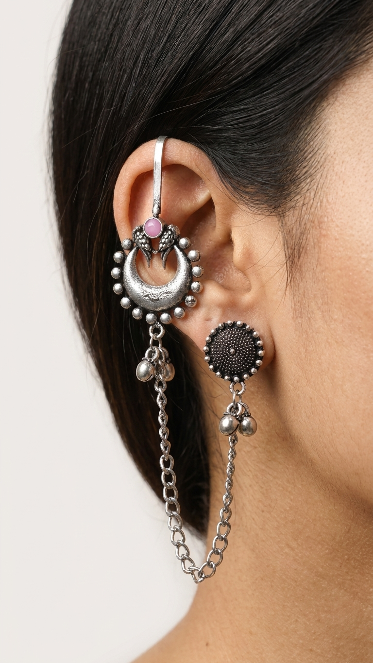 Pink Stone Oxidised Chandbali Ear Cuff with Chain for Women | Statement Earring
