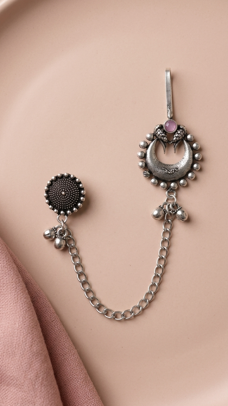 Pink Stone Oxidised Chandbali Ear Cuff with Chain for Women | Statement Earring