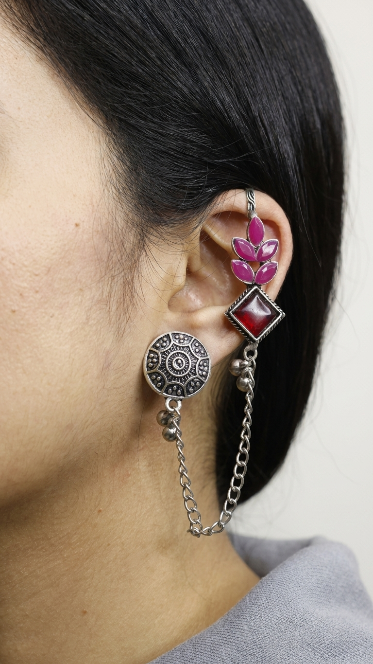 Pink & Red Stone Oxidised Ear Cuff with Chain for Women