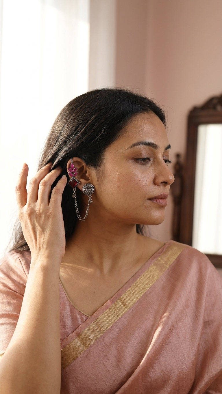 Pink & Red Stone Oxidised Ear Cuff with Chain for Women