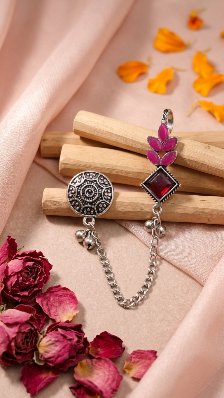 Pink & Red Stone Oxidised Ear Cuff with Chain for Women