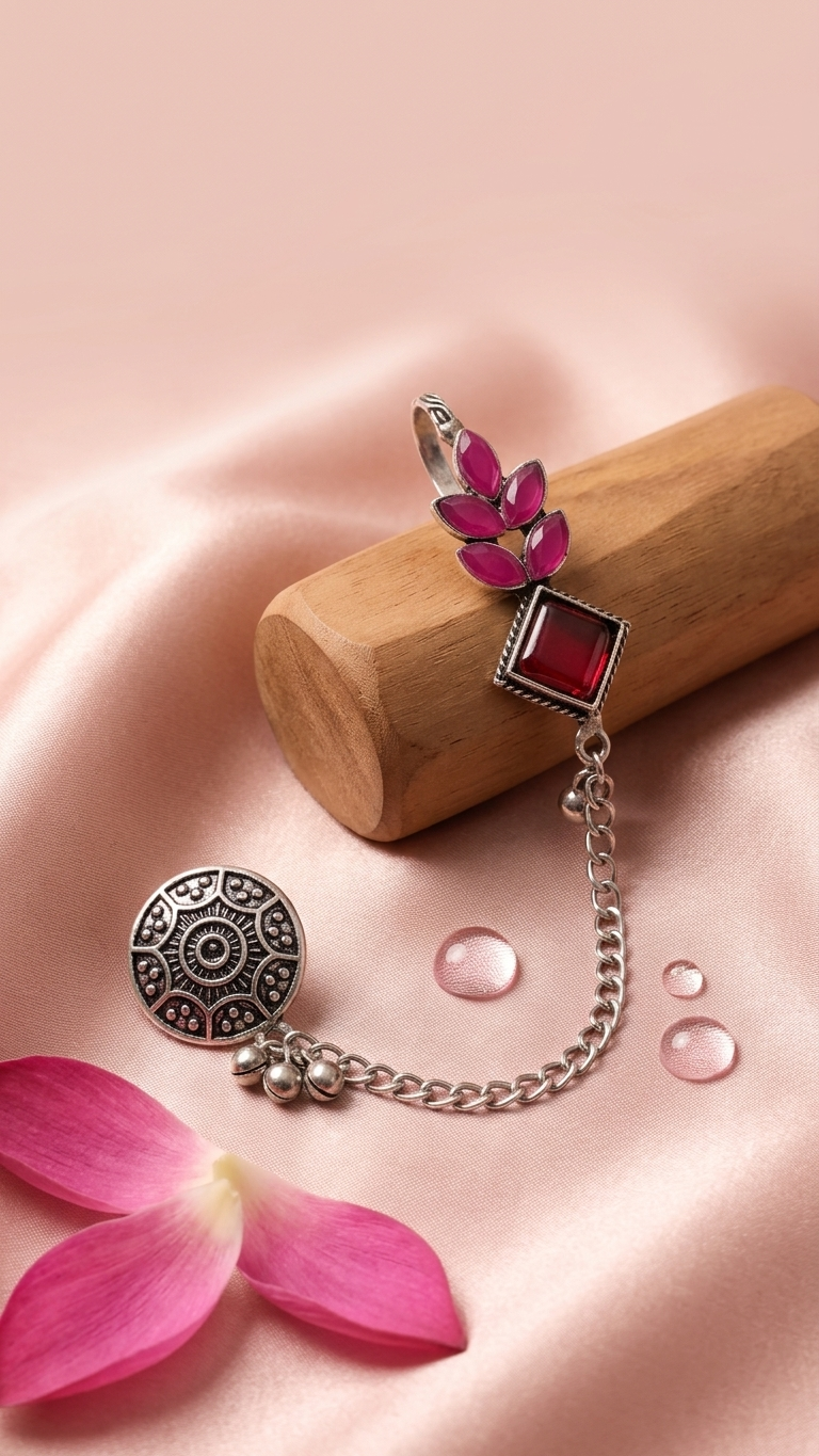 Pink & Red Stone Oxidised Ear Cuff with Chain for Women