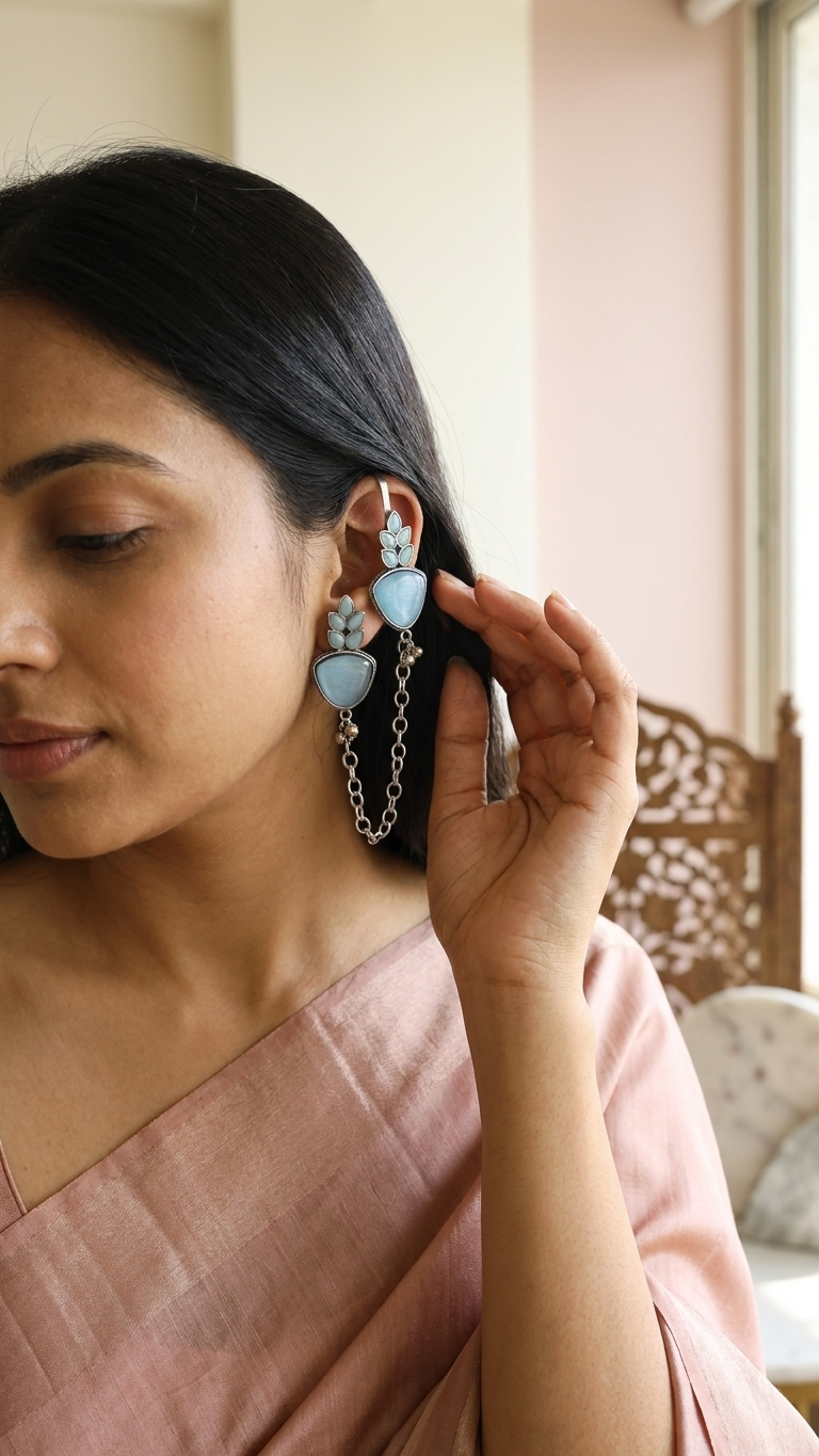 Sky Blue Stone Ear Cuff with Chain for Women | Statement Earrings