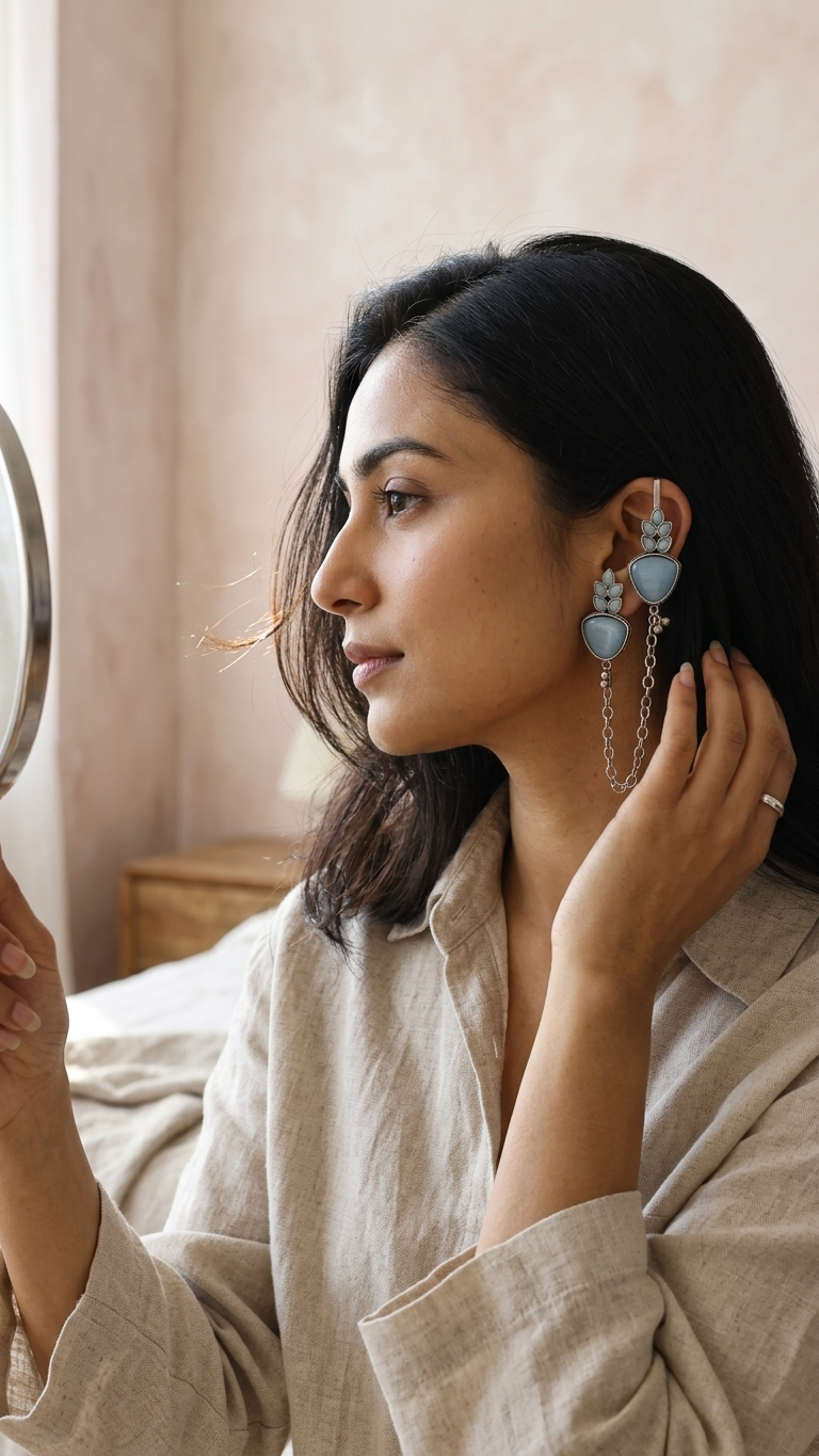 Sky Blue Stone Ear Cuff with Chain for Women | Statement Earrings