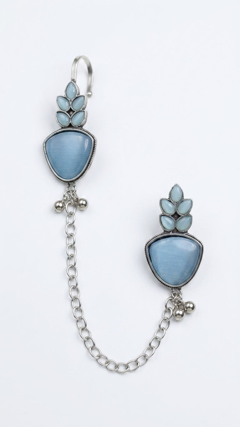 Sky Blue Stone Ear Cuff with Chain for Women | Statement Earrings