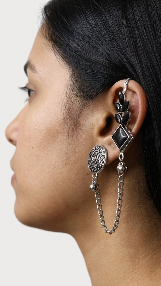 Black Stone Oxidised Ear Cuff with Chain for Women