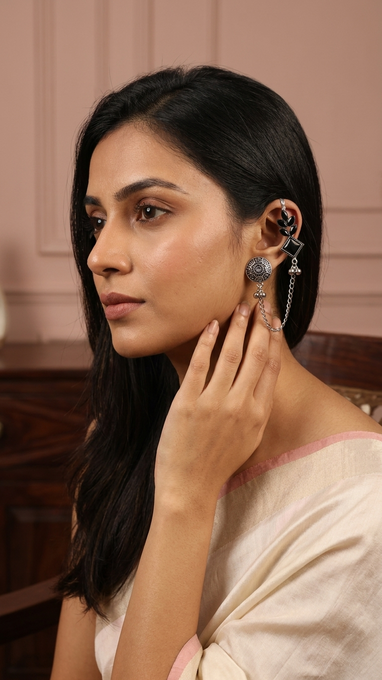 Black Stone Oxidised Ear Cuff with Chain for Women
