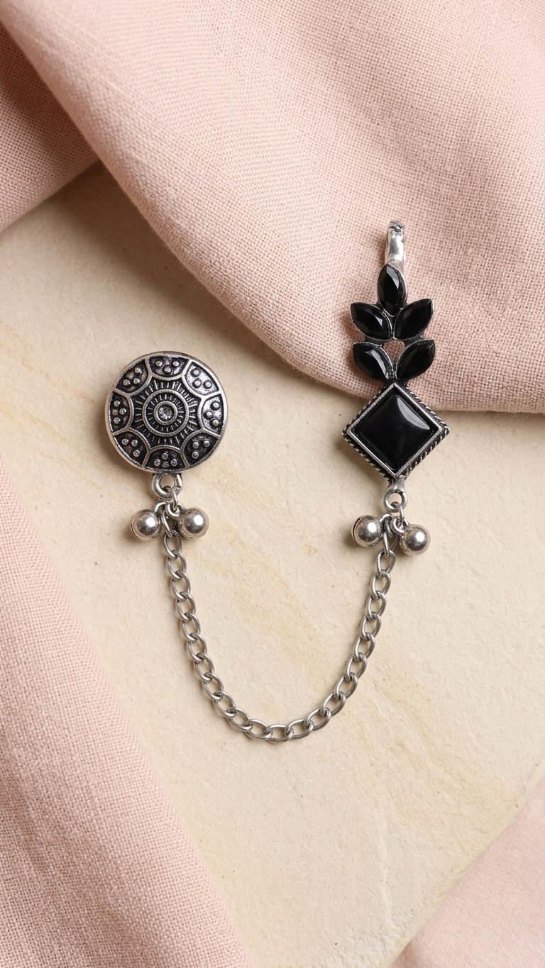 Black Stone Oxidised Ear Cuff with Chain for Women
