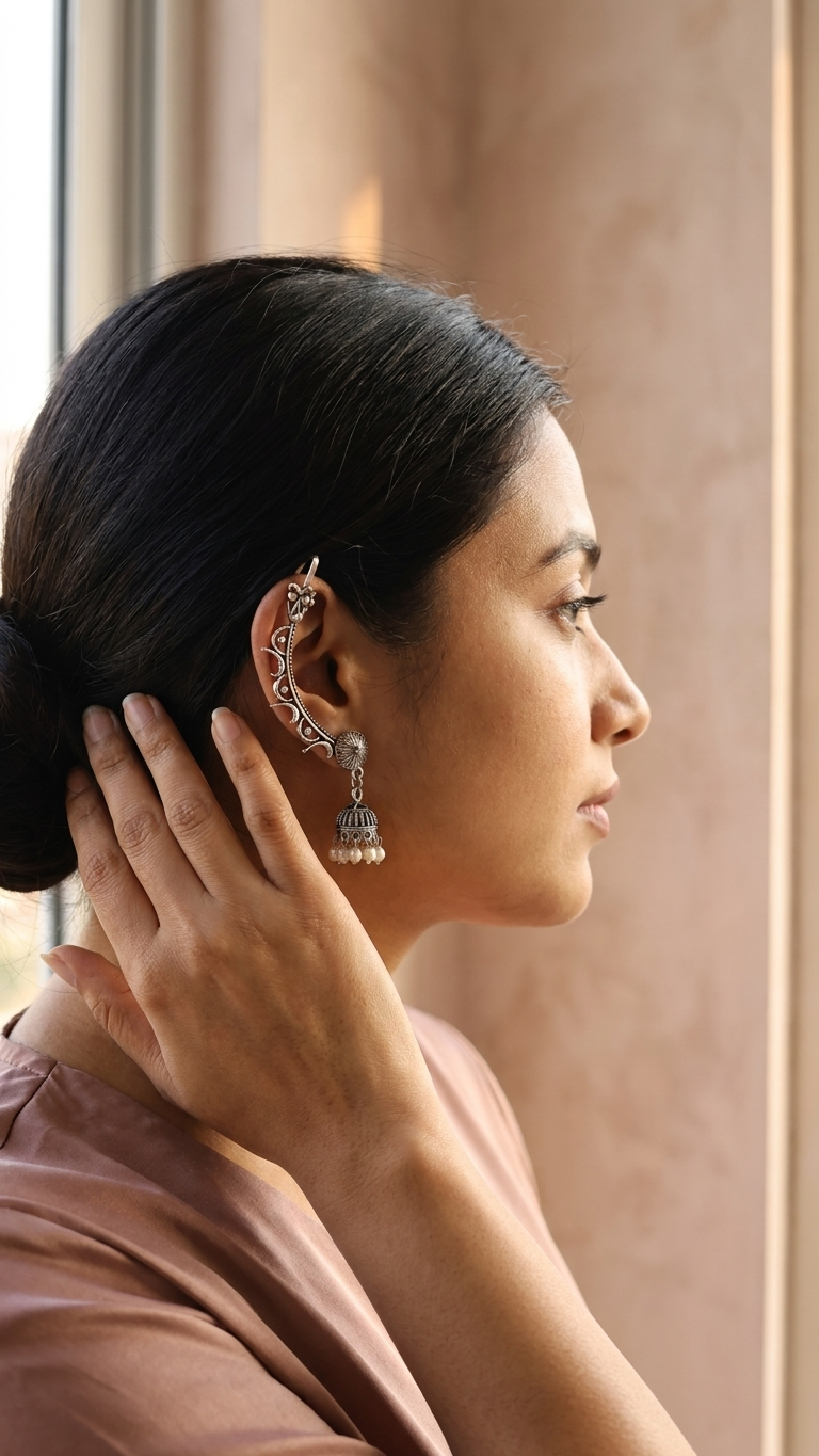 Oxidised Floral Ear Climber Cuff with Jhumka for Women