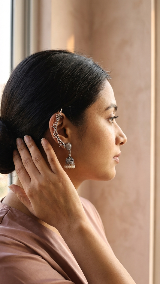 Oxidised Floral Ear Climber Cuff with Jhumka for Women