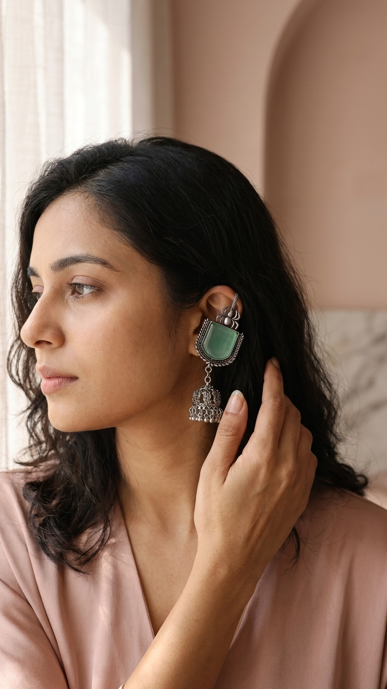 Green Stone Oxidised Jhumka Ear Cuff for Women