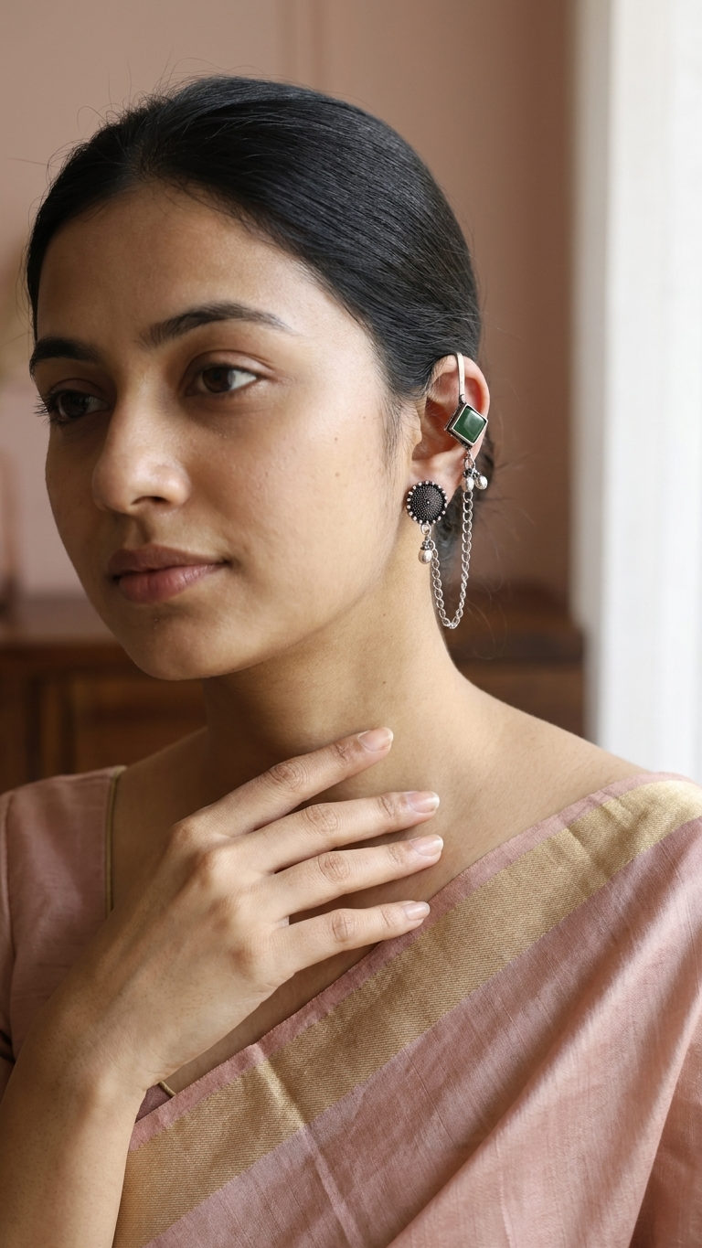 Green Stone Oxidised Ear Cuff with Chain for Women