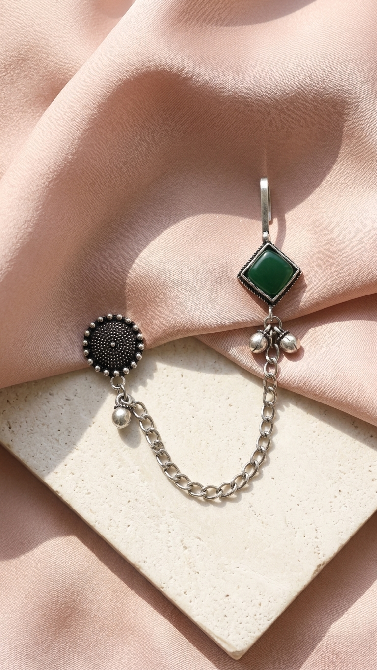 Green Stone Oxidised Ear Cuff with Chain for Women