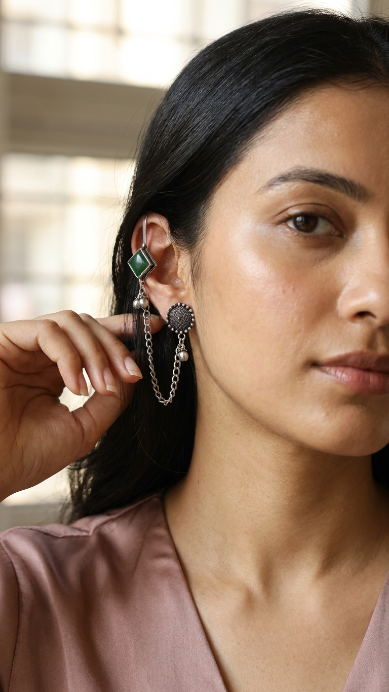 Green Stone Oxidised Ear Cuff with Chain for Women