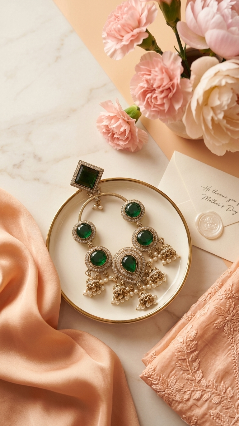 Emerald Green Mozonite Statement Chandbali Earrings for Women