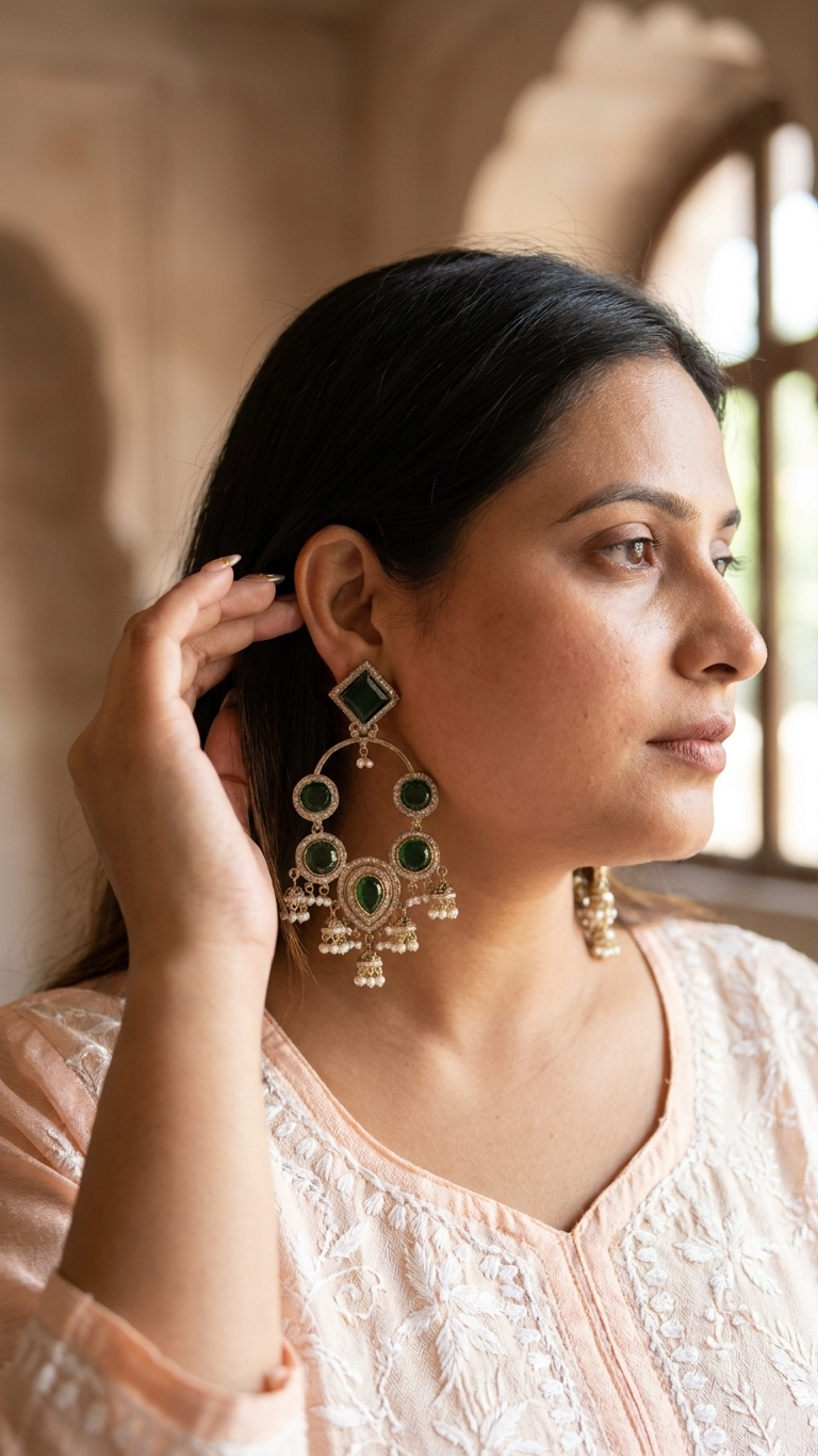 Emerald Green Mozonite Statement Chandbali Earrings for Women