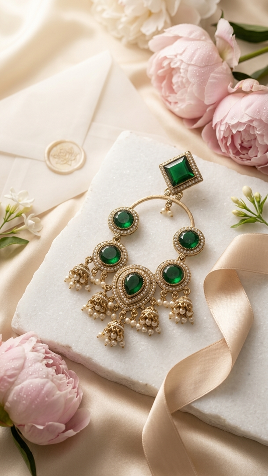 Emerald Green Mozonite Statement Chandbali Earrings for Women