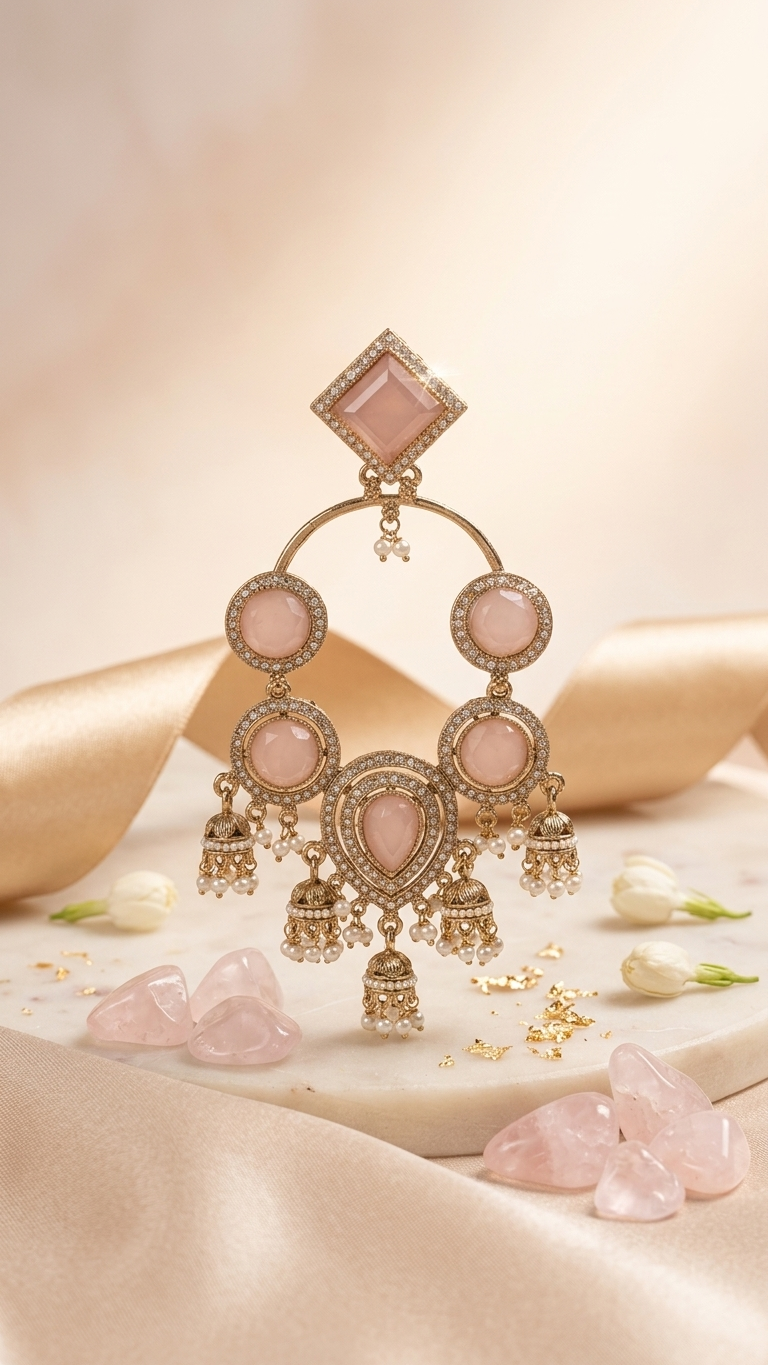 Pink Mozonite Statement Chandbali Earrings for Women