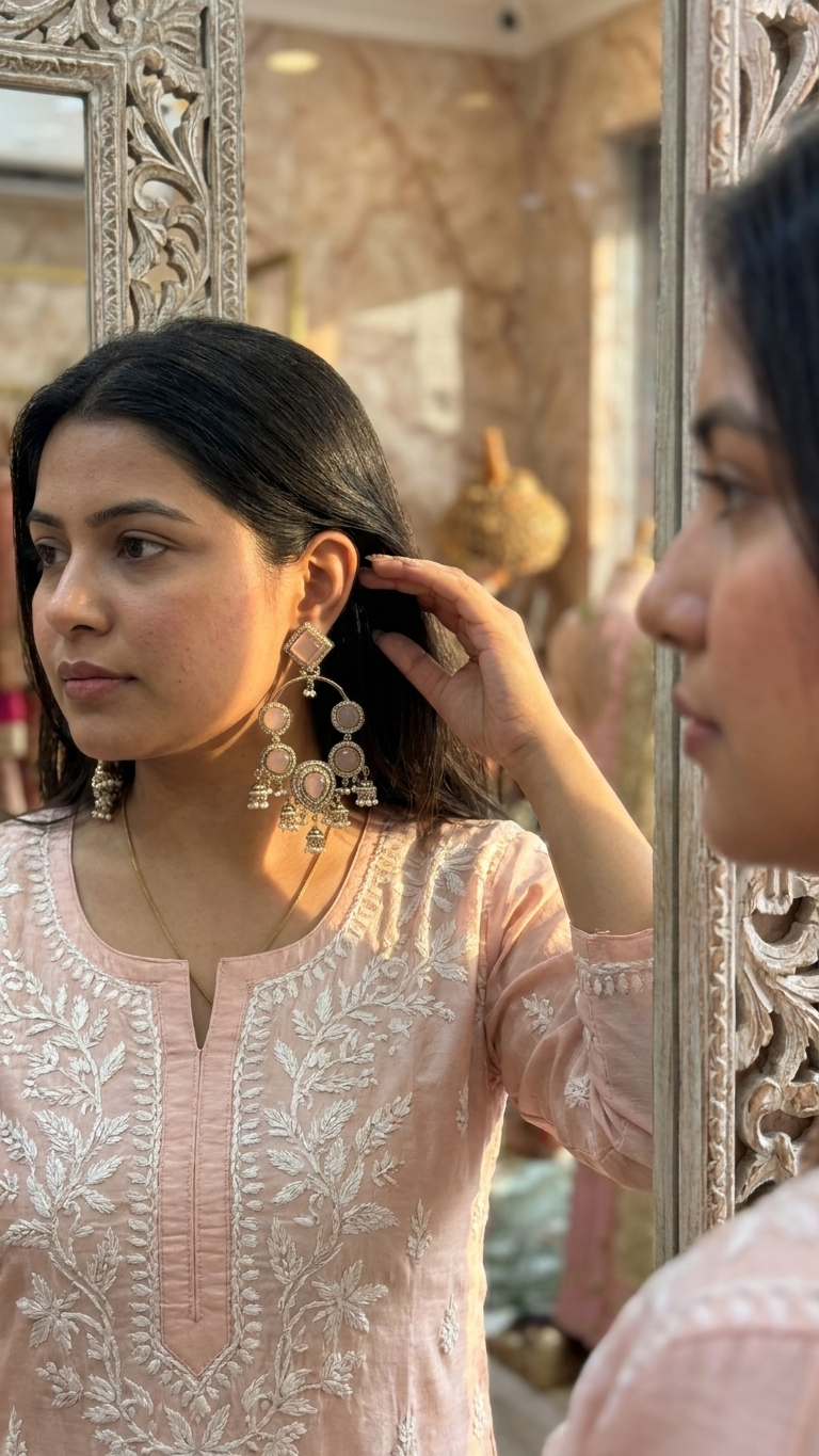 Pink Mozonite Statement Chandbali Earrings for Women