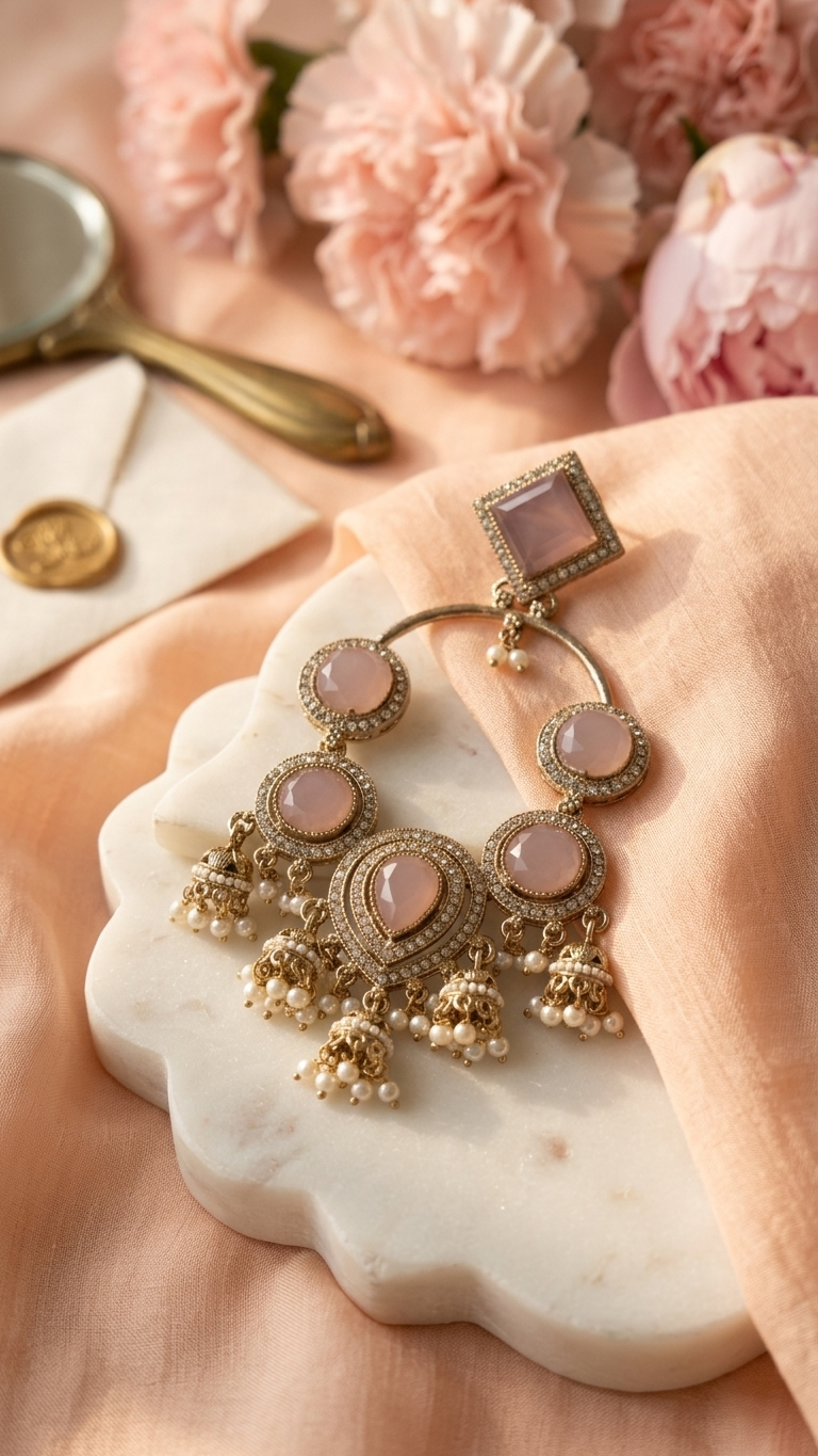 Pink Mozonite Statement Chandbali Earrings for Women