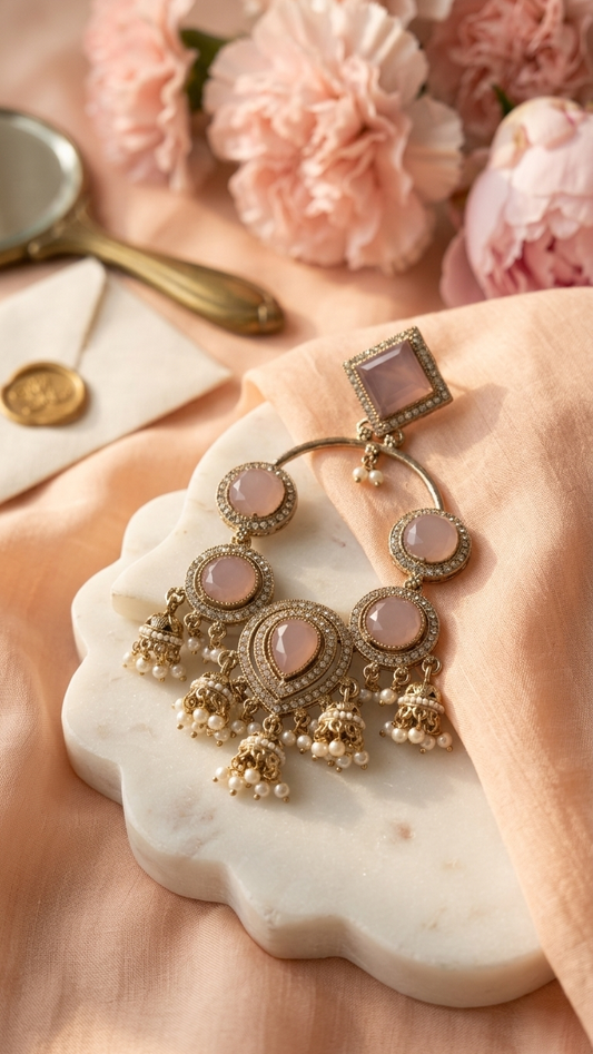 Pink Mozonite Statement Chandbali Earrings for Women