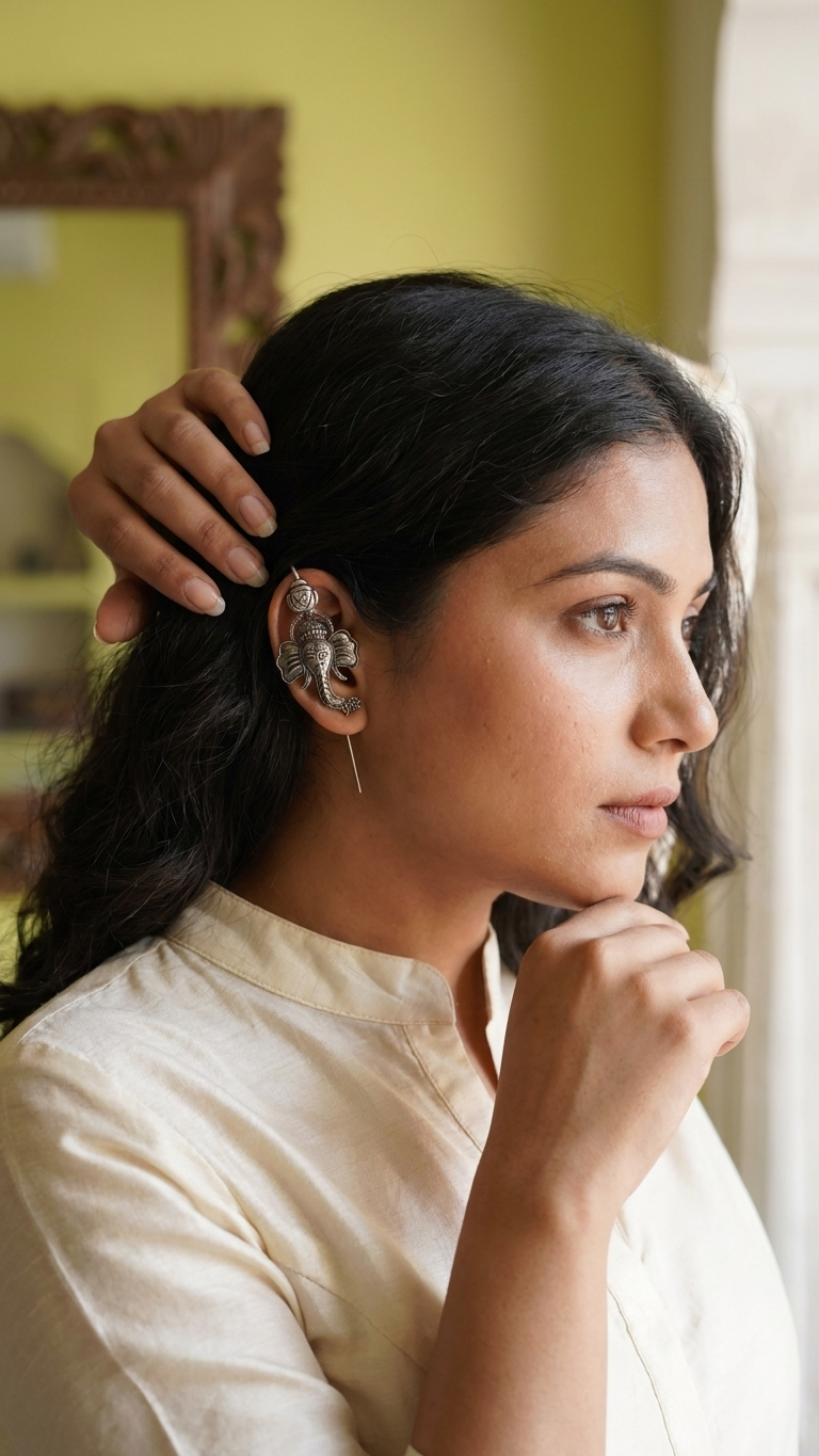 Oxidised Silver Lord Ganesh Thread  Ear Cuff Earring