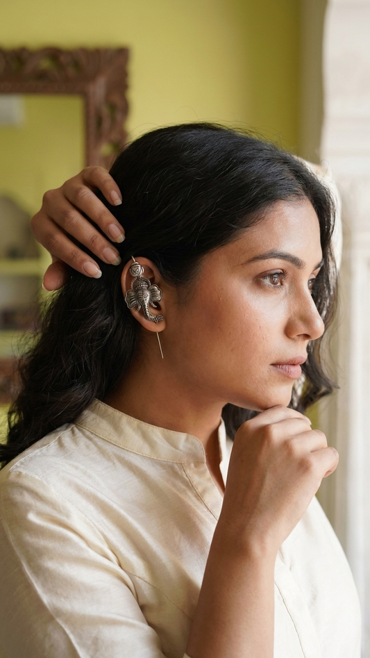 Oxidised Silver Lord Ganesh Thread  Ear Cuff Earring